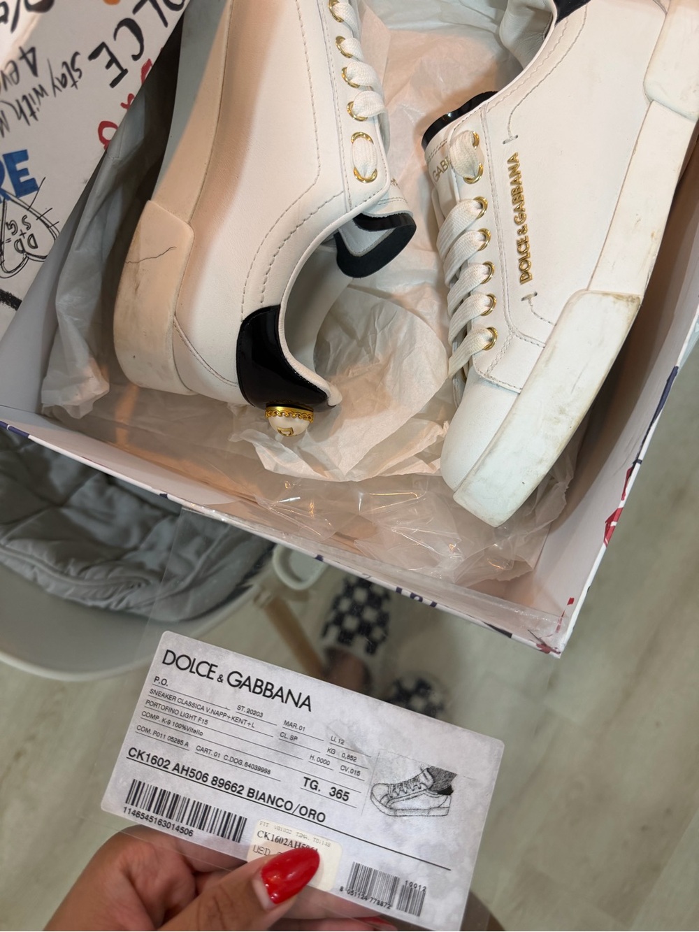 Dolce & Gabbana White Leather Sneakers with Black Heel Accent and Gold Hardware - Picture 1 of 7